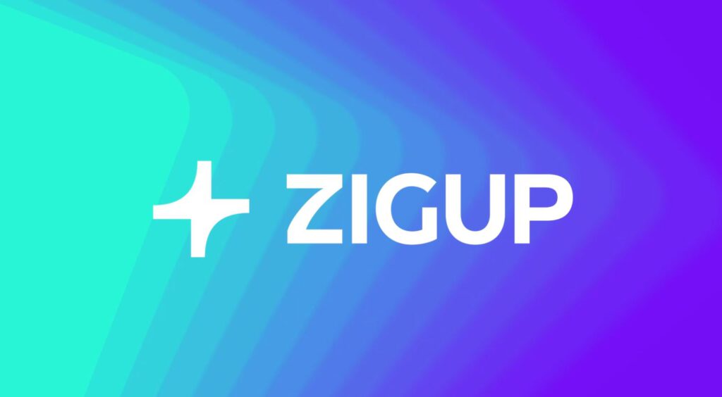 Zigup logo: white plus symbol and text on teal and purple gradient background.